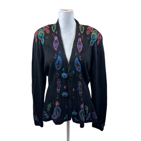 Ladies Vintage 80’s Rafia Embroidered Bead Covered Button‎ Front Cardigan Medium - Picture 1 of 14